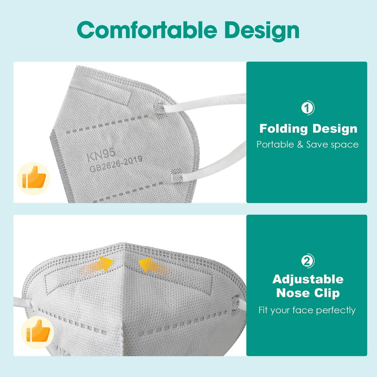 Grey KN95 respirator face mask with foldable design and adjustable nose clip area.