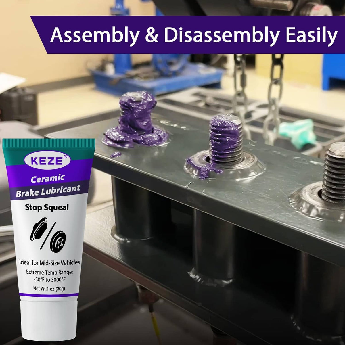 Ceramic brake lubricant tube with purple grease dollops on a metal brake part