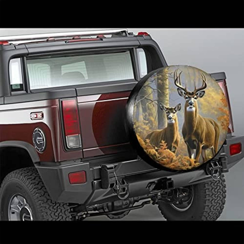 RV spare tire cover installed on vehicle, circular deer print with antlers