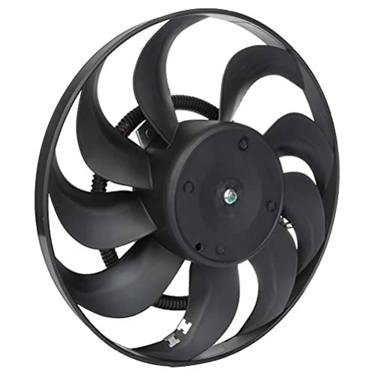 Condenser cooling fan assembly showing black blades and round motor hub