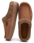 Brown men's moccasin slipper clogs with knit slip-on cuff and stitched suede upper