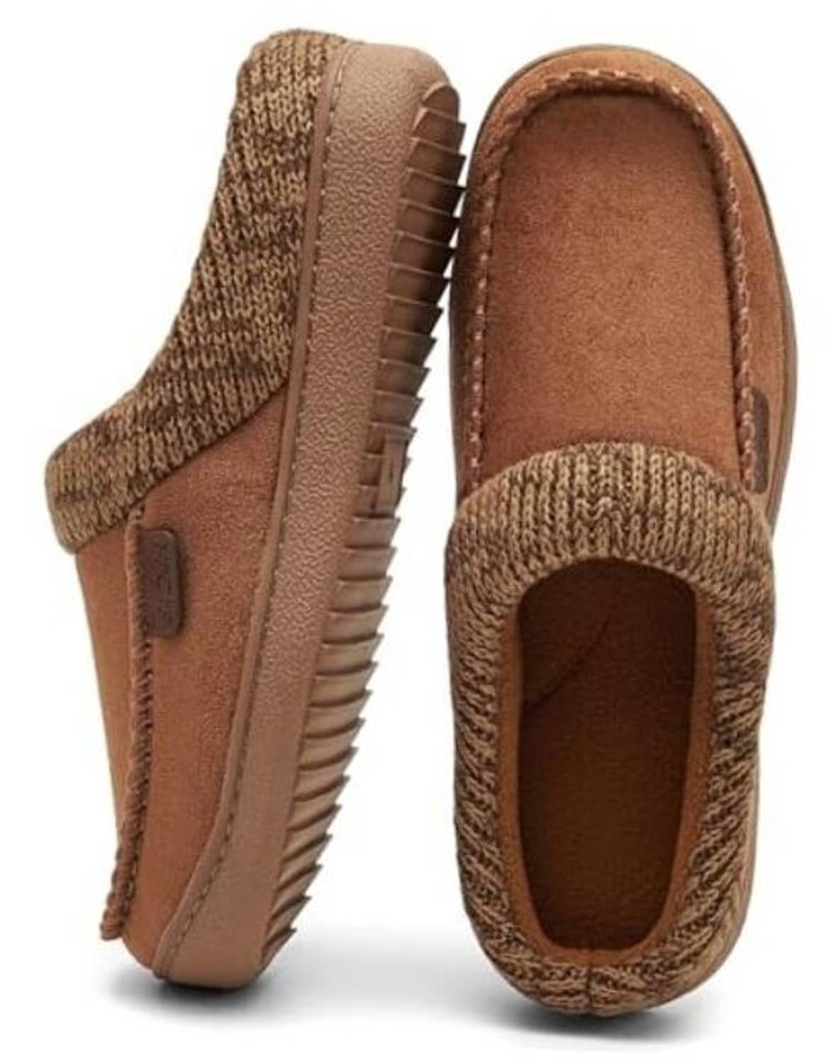 Brown men's moccasin slipper clogs with knit slip-on cuff and stitched suede upper