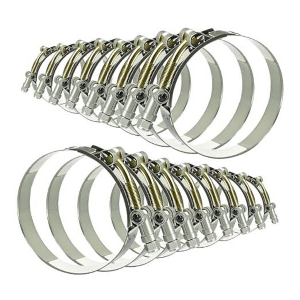 Stainless steel T-bolt hose clamps set, several clamps with metal band and T-bolt
