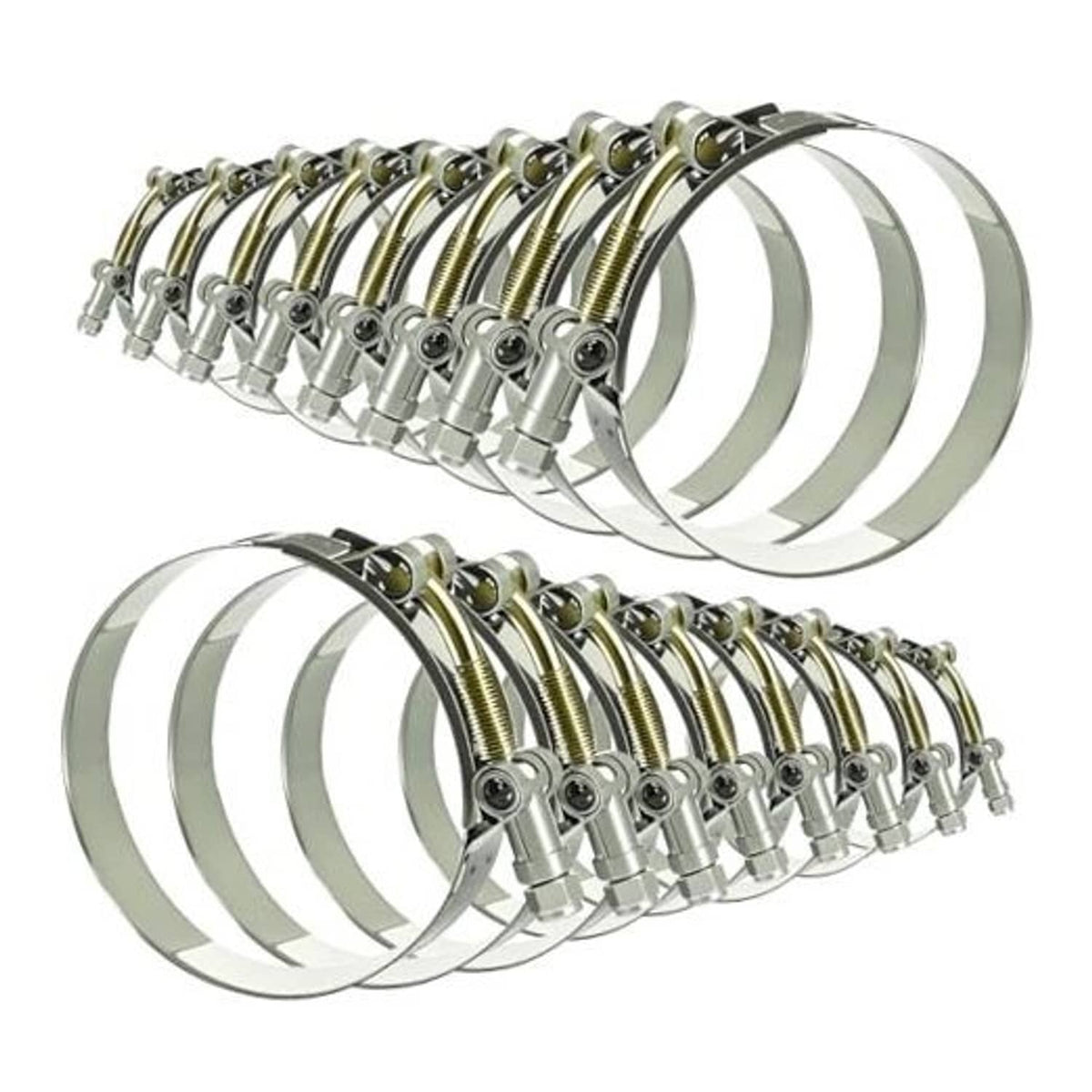 Stainless steel T-bolt hose clamps set, several clamps with metal band and T-bolt