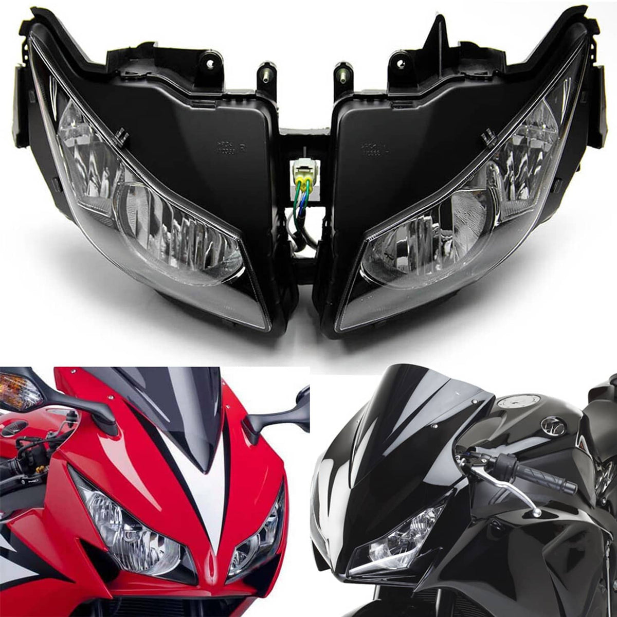 Front headlight assembly with black housing and clear multi-lens lamps
