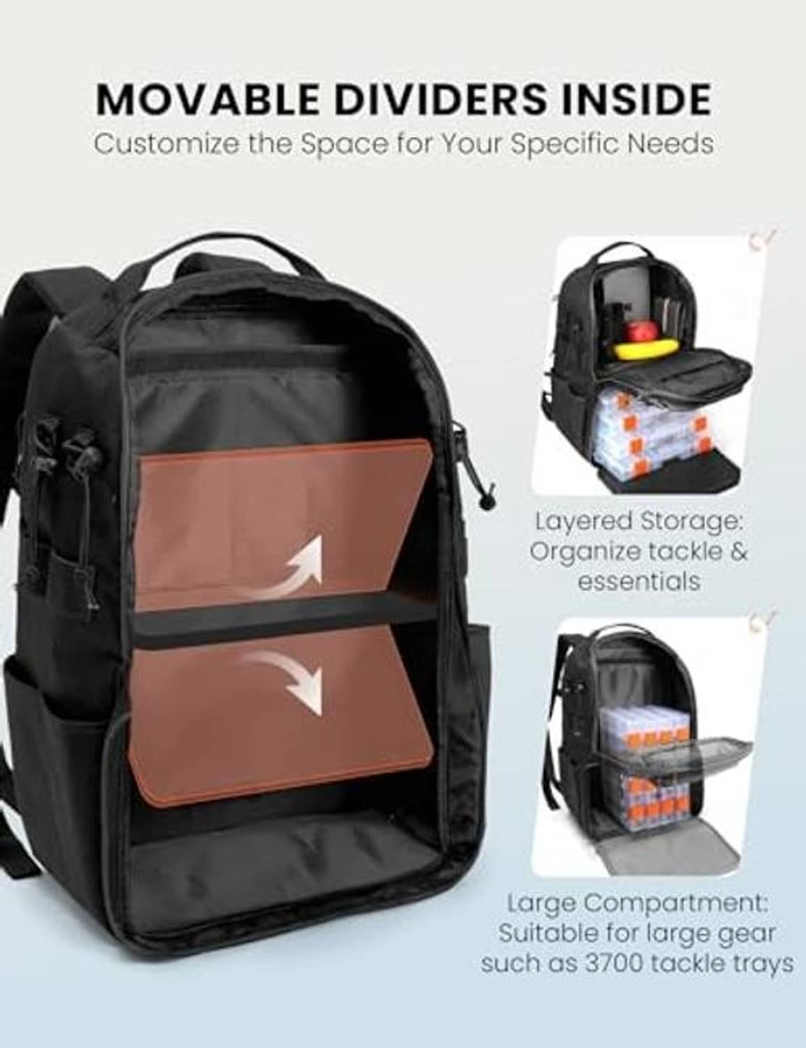 Black fishing tackle backpack with open interior and movable dividers for organizers