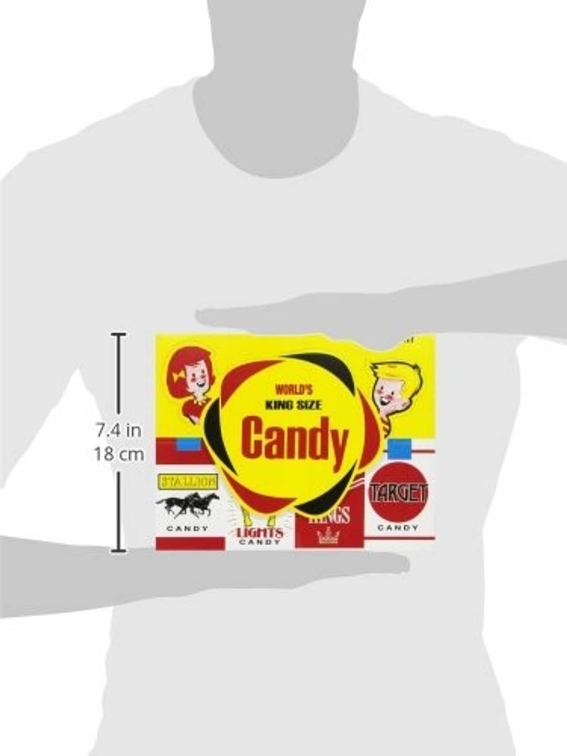 World’s King Size candy cigarettes box with size dimensions shown on a silhouette