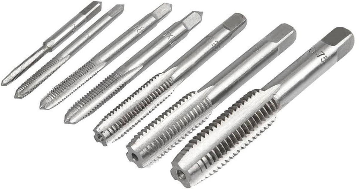 7-piece metric thread tap set, assorted-length silvery taps with spiral flutes