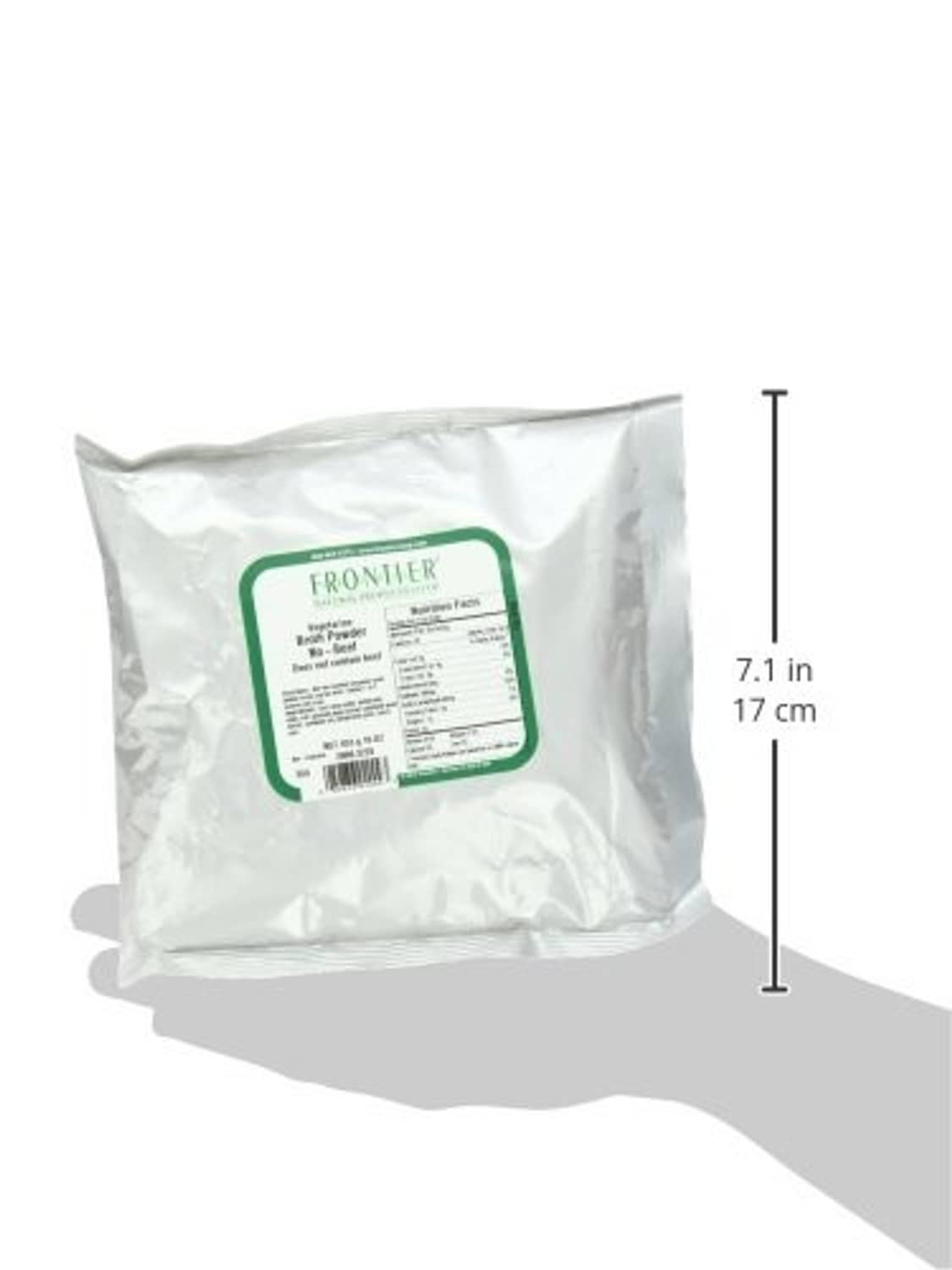 Vegetarian broth powder bulk bag with green label and height measurement