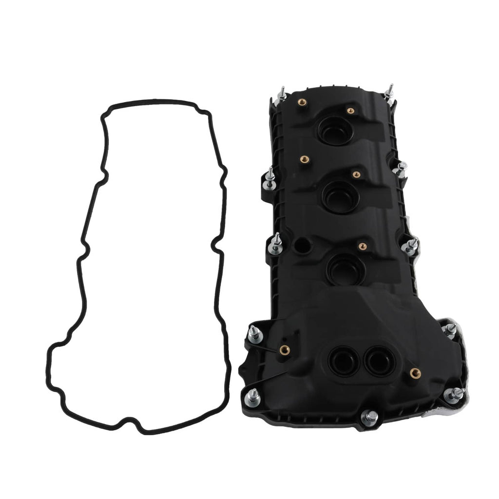 Black engine valve cover with gasket and bolt hardware, upright view