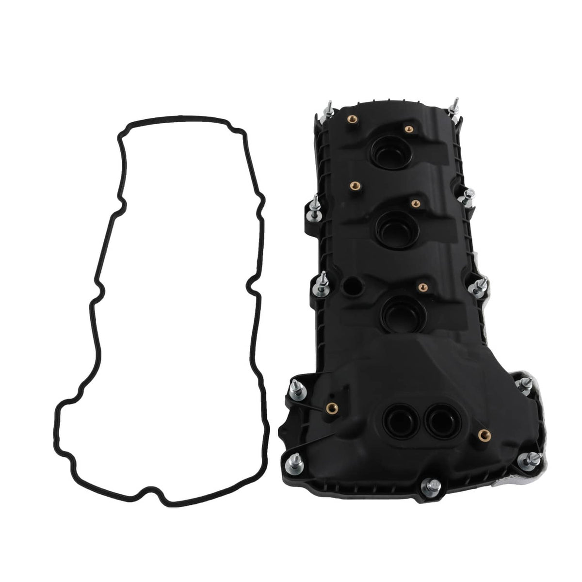 Black engine valve cover with gasket and bolt hardware, upright view