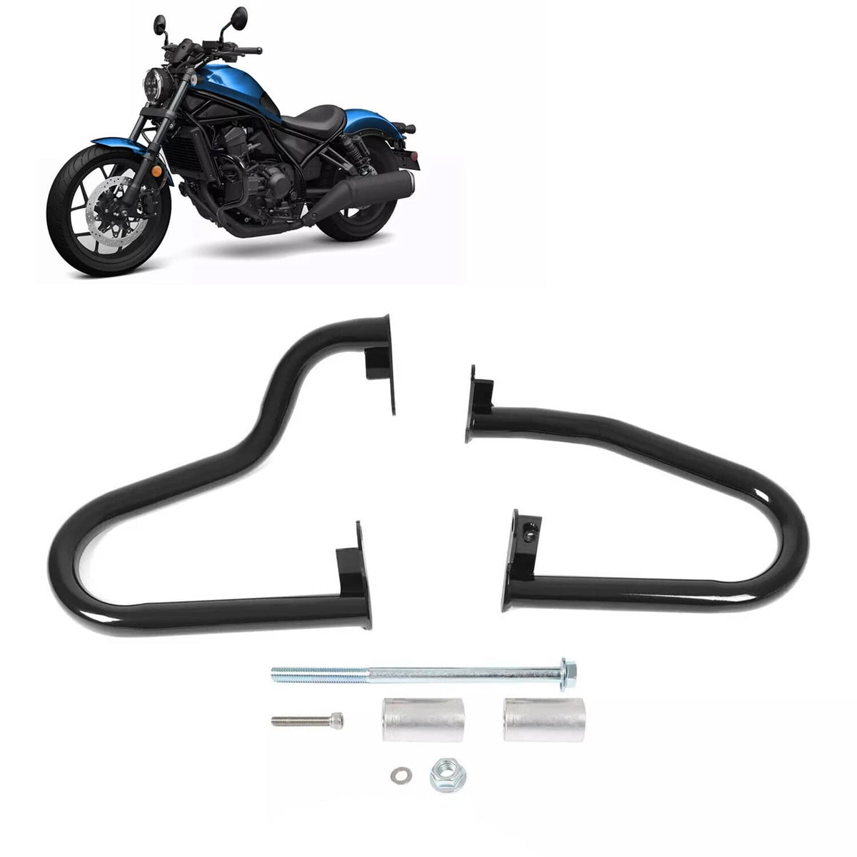 Black engine guard crash bars installed on a cruiser motorcycle, with mounting brackets
