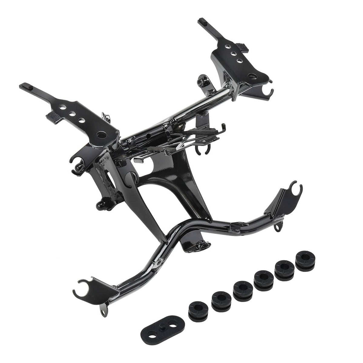 Black front headlight fairing stay bracket assembly with mounting tabs and spacers