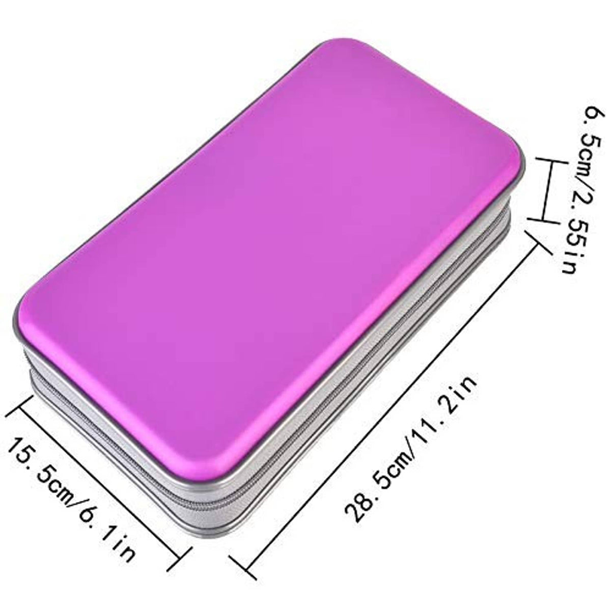 Purple hard plastic CD case with rounded corners and silver zipper trim, top view