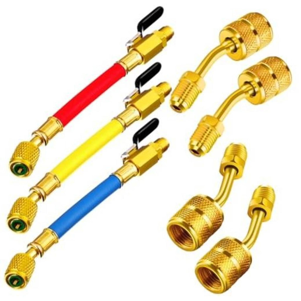 Refrigeration hose adapter set with red, yellow, blue hoses and gold brass fittings