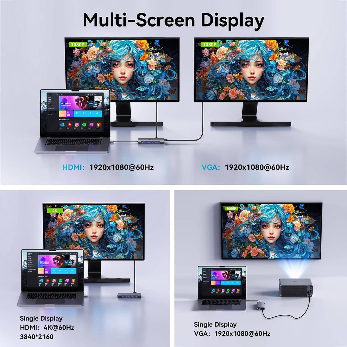 Grey USB-C docking hub for multi-screen display with HDMI and VGA outputs