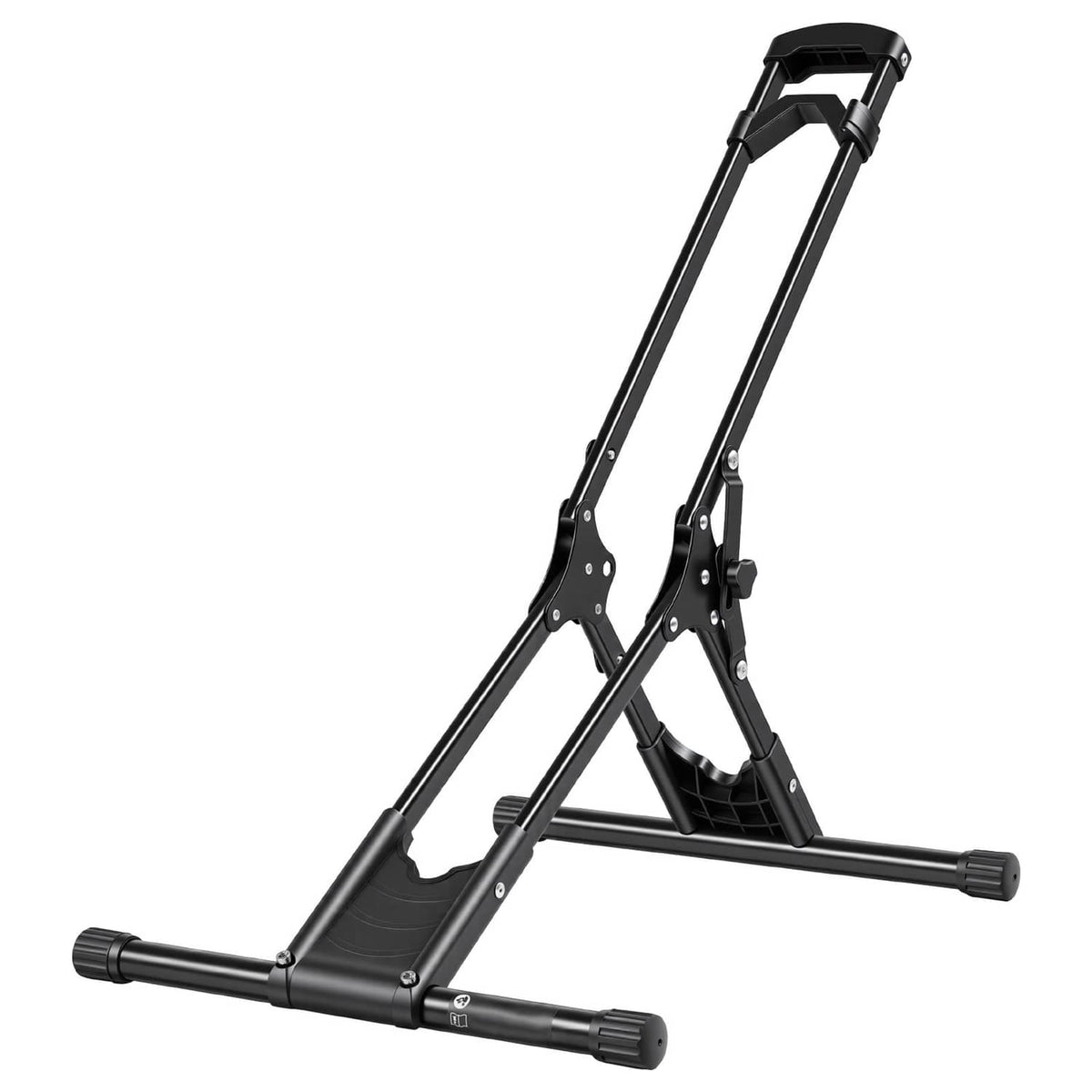 Black foldable bike rack with wide base bars and wheel support arms