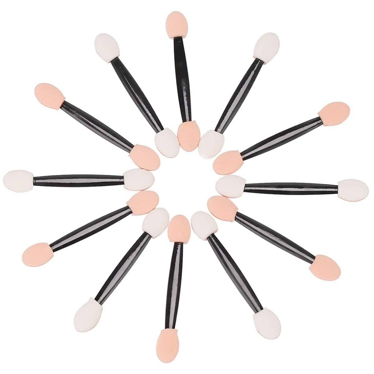 Fan set of disposable dual-sided eye shadow sponge applicators, black handles with pink/white tips