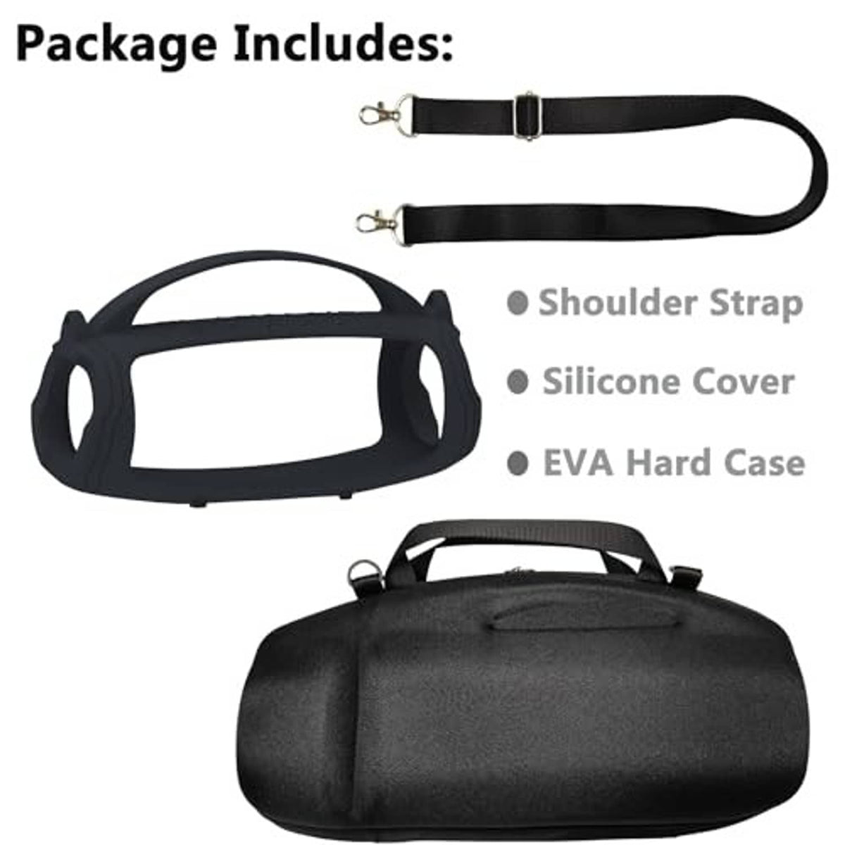 Black speaker travel set with shoulder strap, silicone cover, and EVA hard case