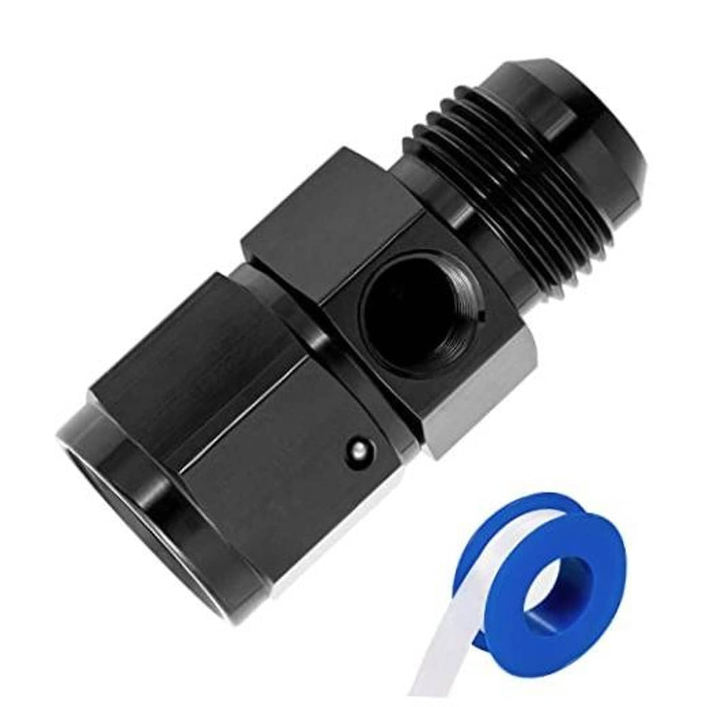 Black male flare to female swivel AN fitting with 1/8 NPT gauge port