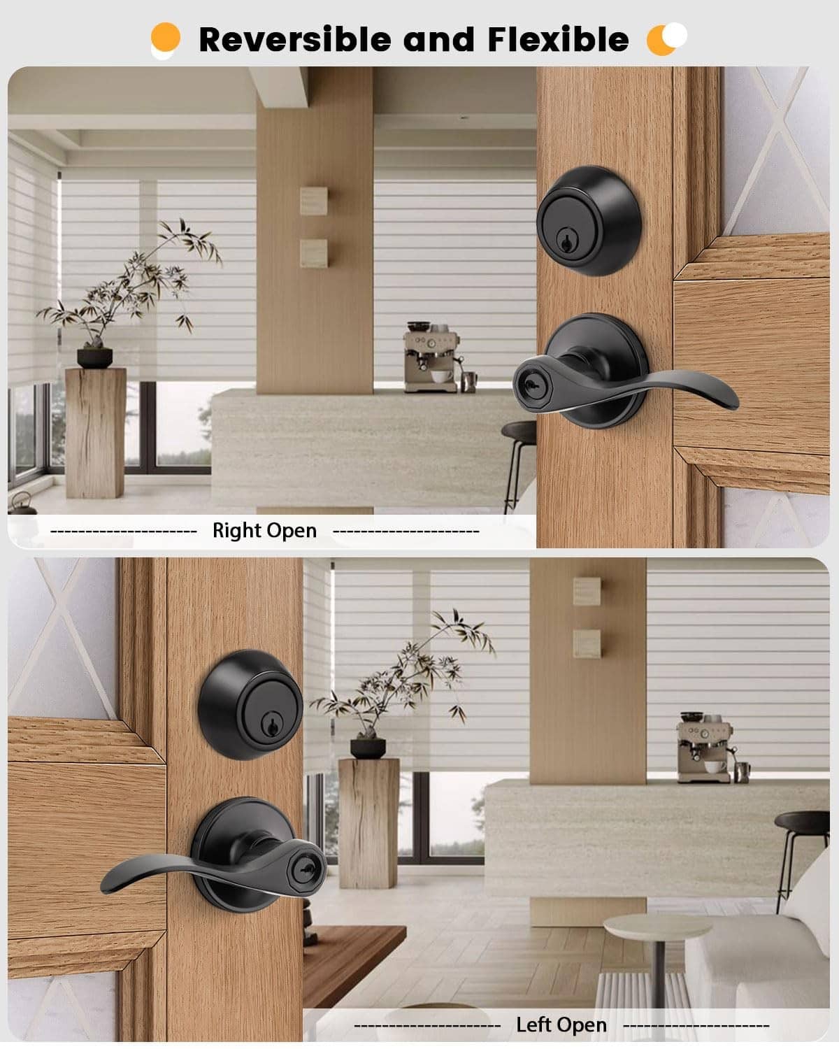 Matte black reversible door lever lockset for left or right opening doors
