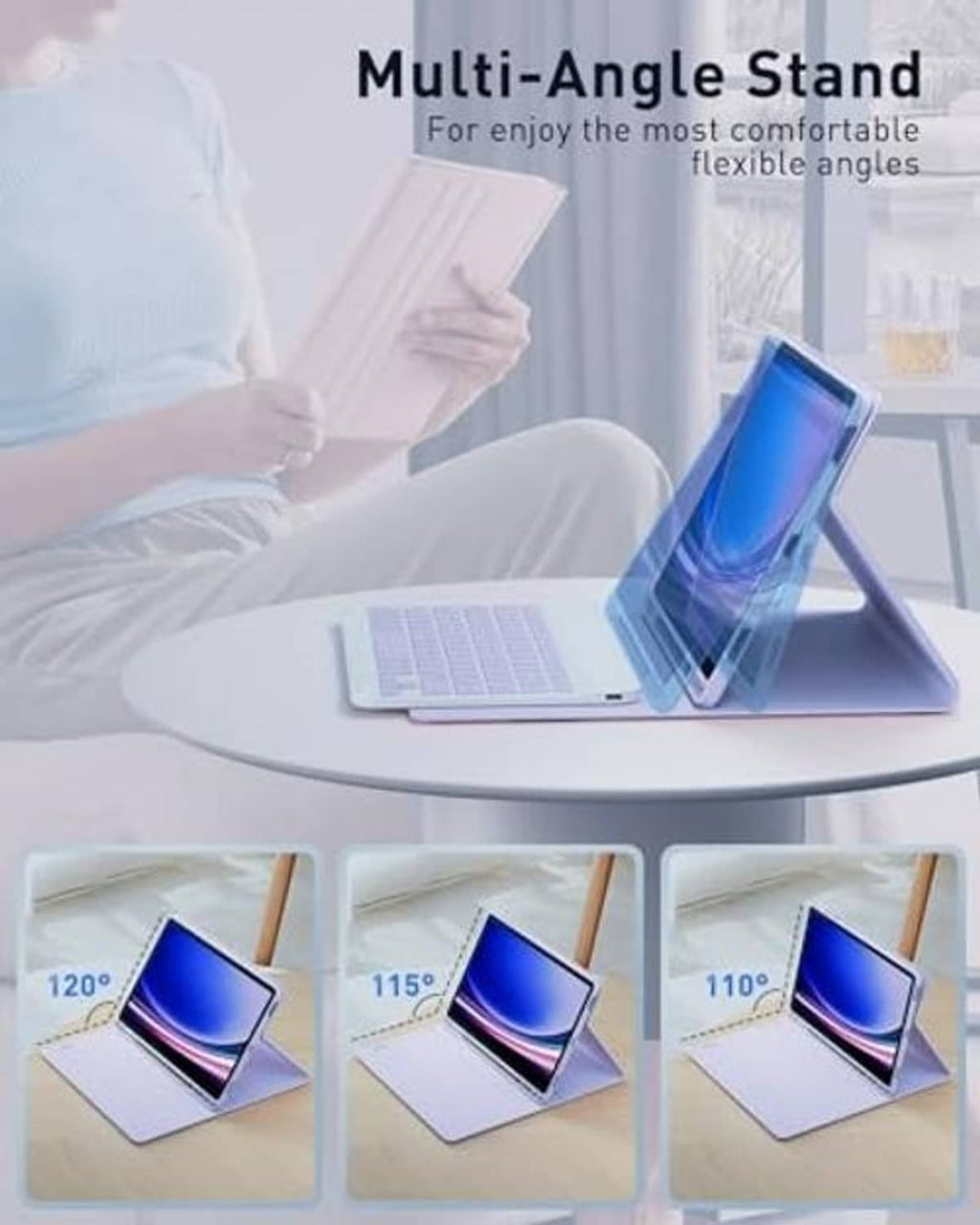 Purple folio keyboard case with multi-angle stand and wireless keyboard