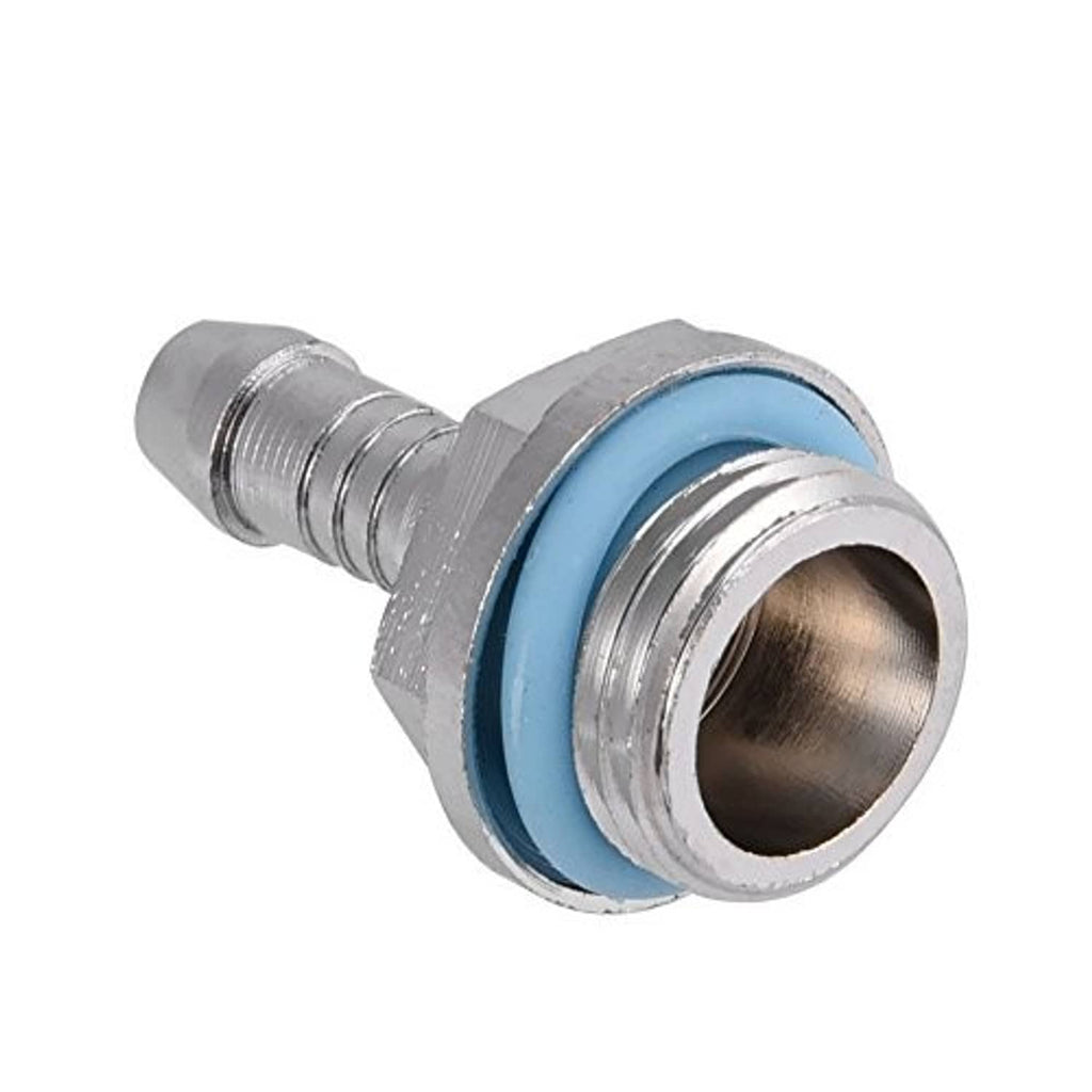 Silver barb fitting adapter with blue O-ring seal and barbed hose connector
