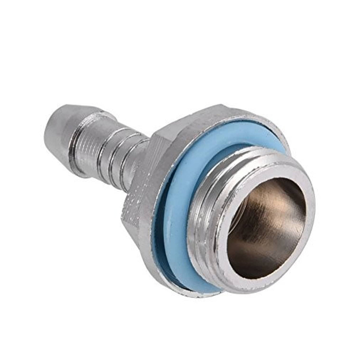 Silver barb fitting adapter with blue O-ring seal and barbed hose connector