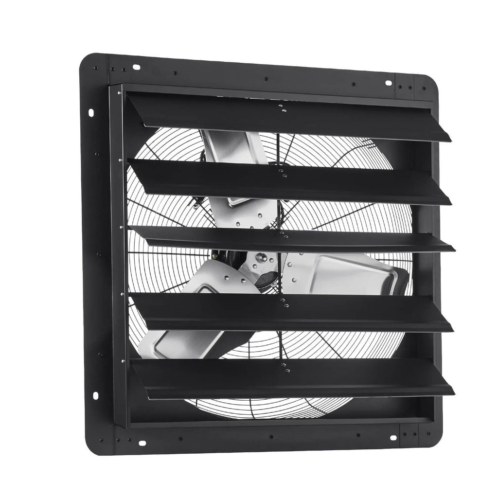 Black wall-mounted shutter exhaust fan with open louvers and visible motor housing