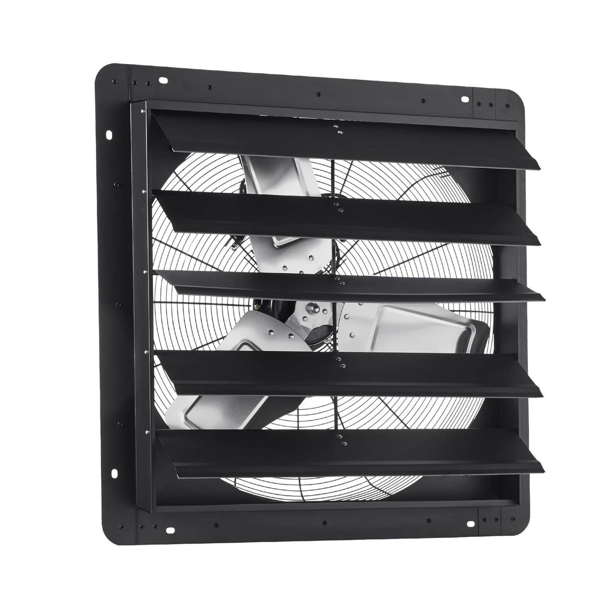 Black wall-mounted shutter exhaust fan with open louvers and visible motor housing