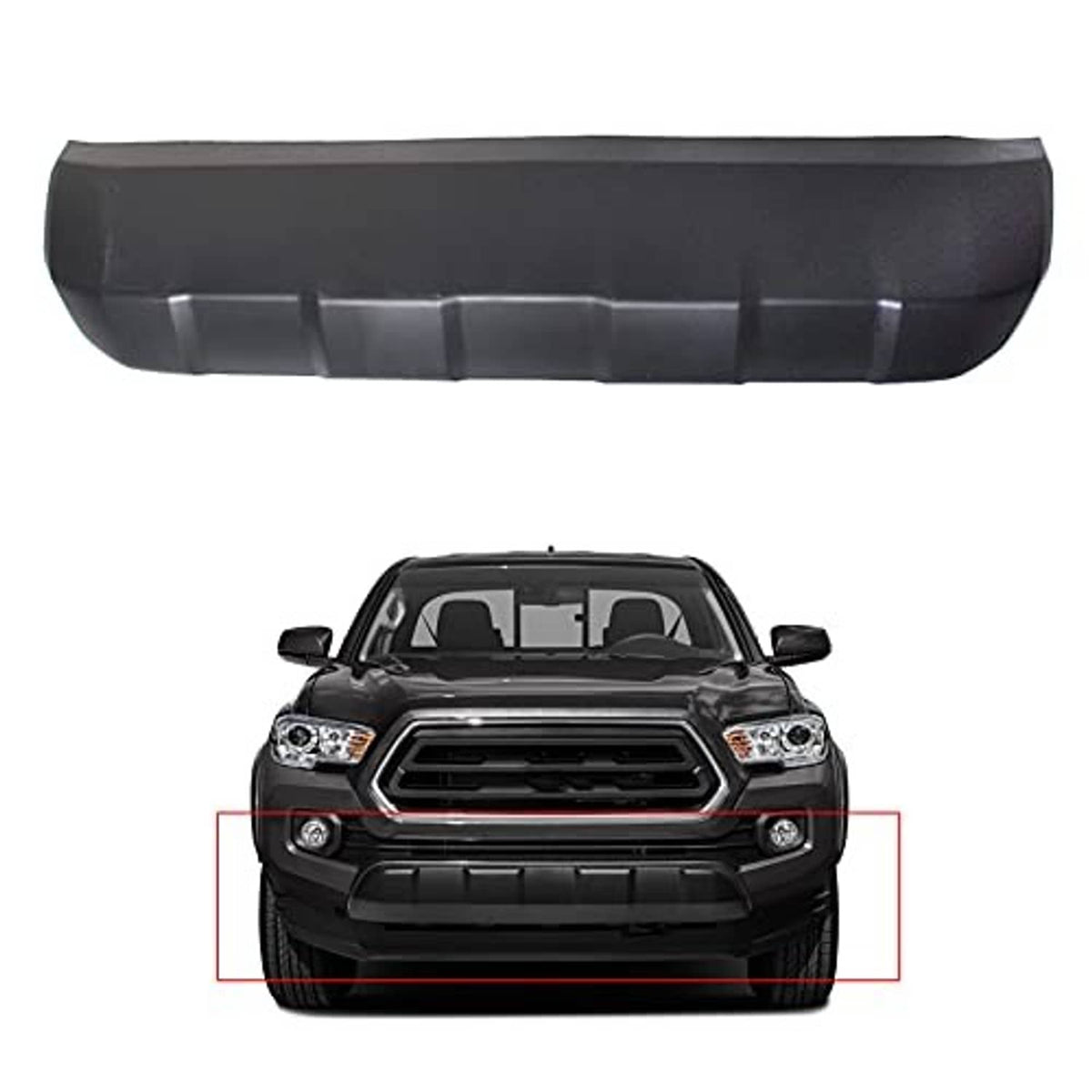 Black front bumper lower skid plate panel, contoured shape with vertical rib sections