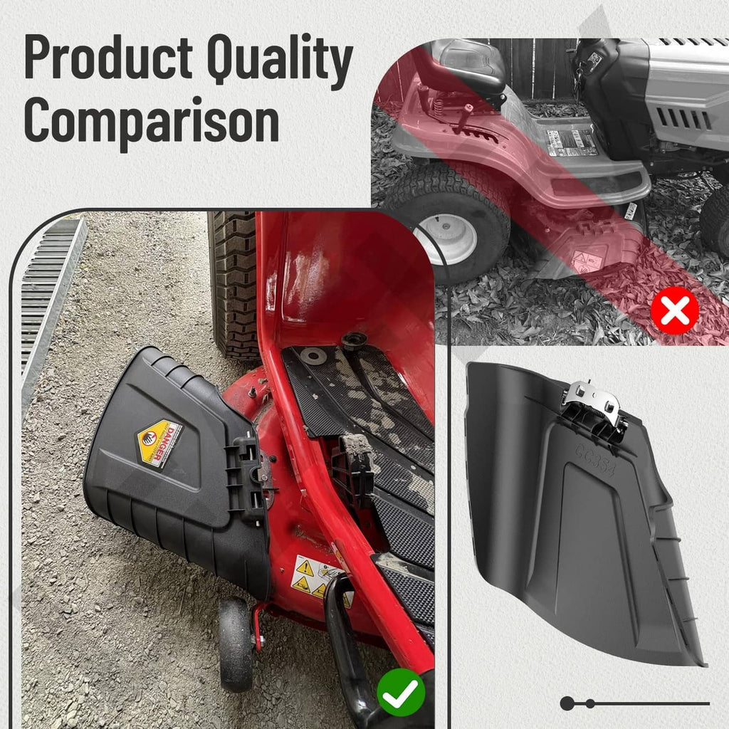 Black mower chute assembly close-up with side mounting flap