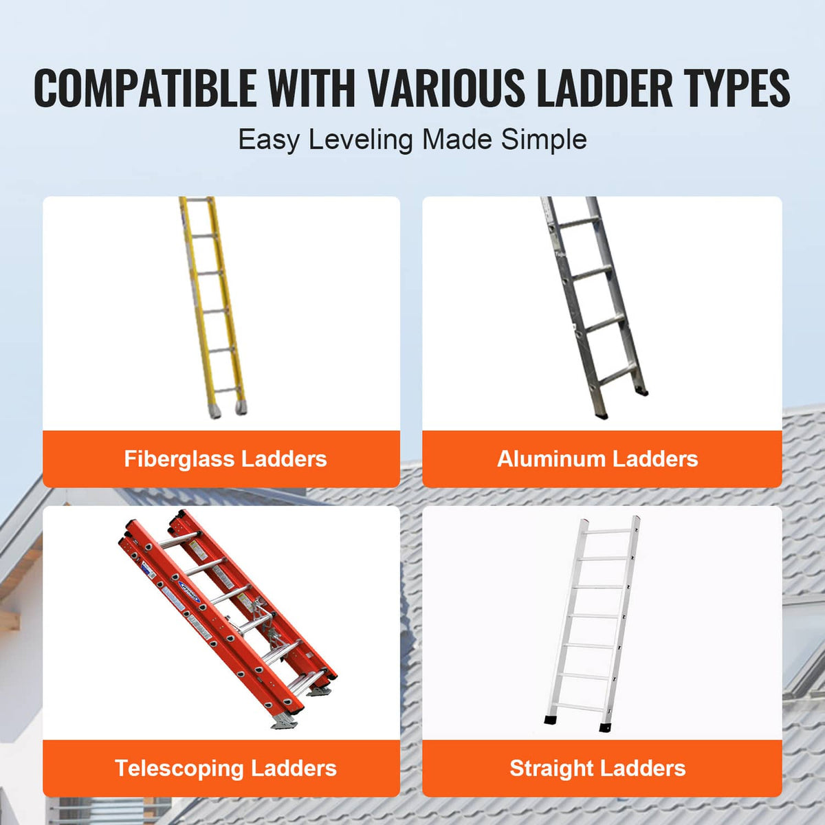 Ladder leveling tool compatibility for fiberglass, aluminum, telescoping, and straight ladders