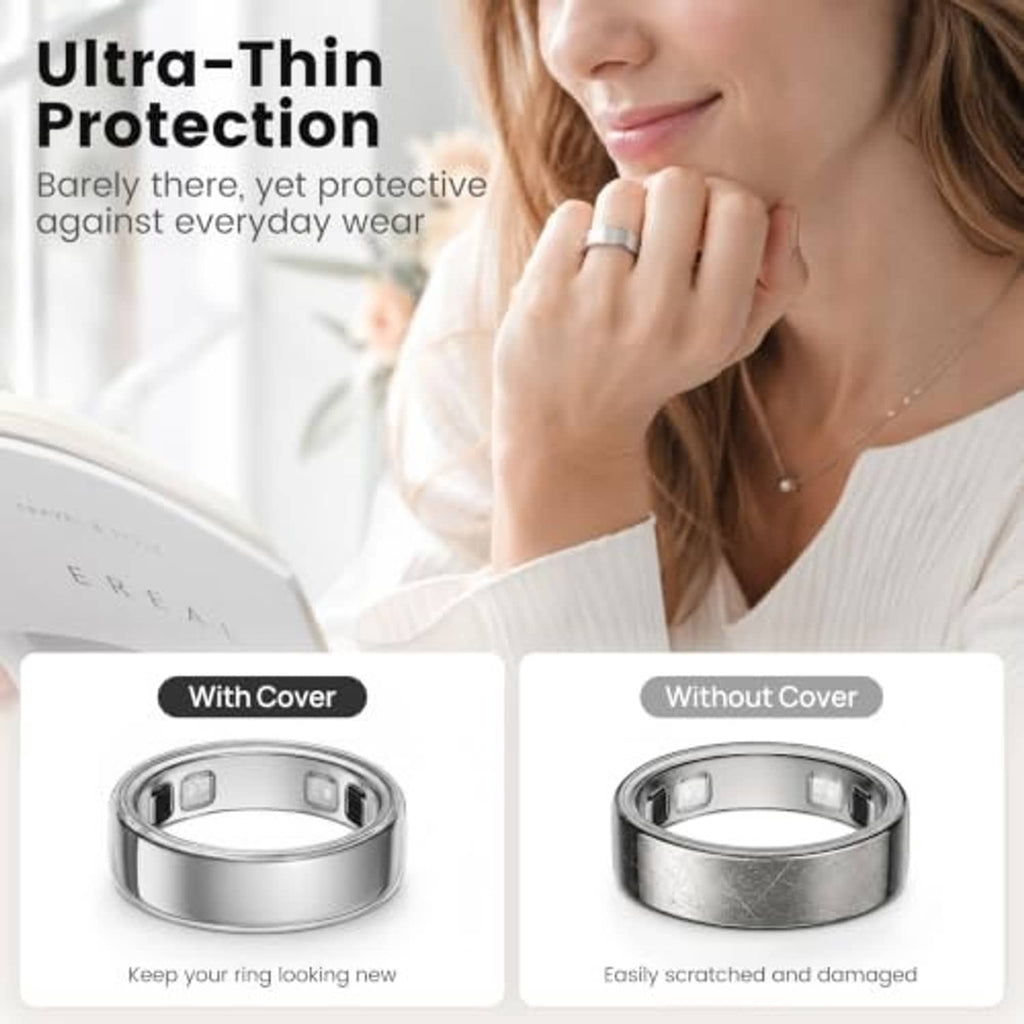 Ultra-thin clear ring cover on a hand, designed to help prevent everyday wear.