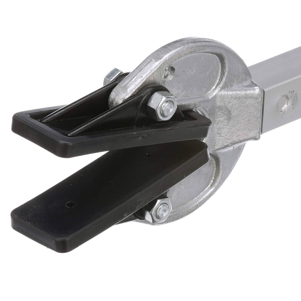 Close-up of transom saver clamp with silver housing, black pads, and fasteners