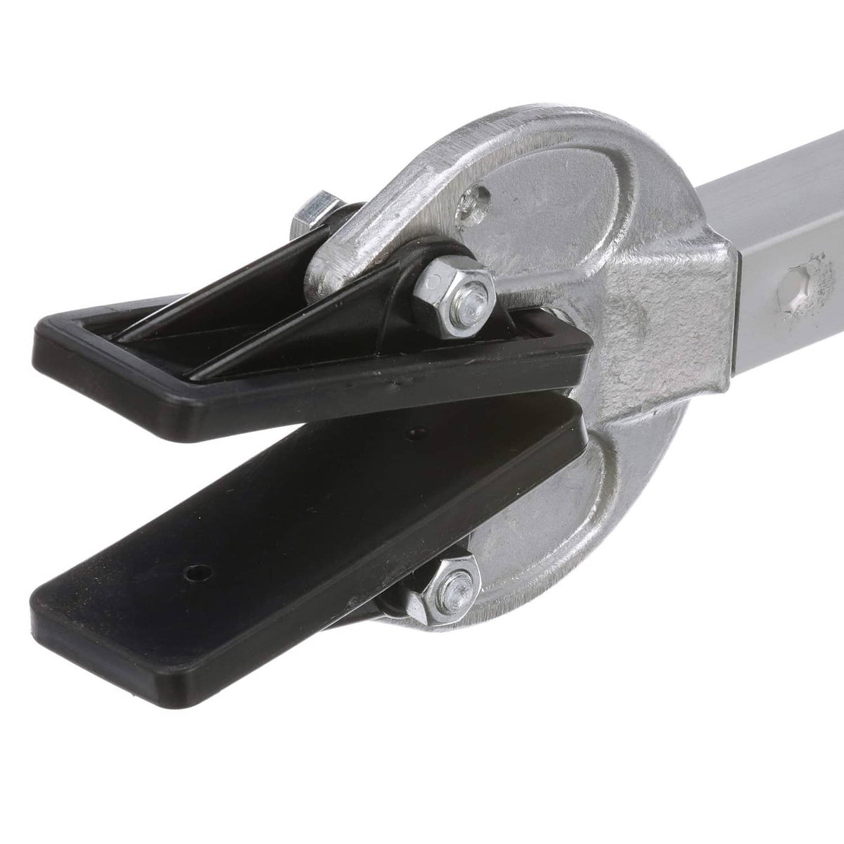 Close-up of transom saver clamp with silver housing, black pads, and fasteners
