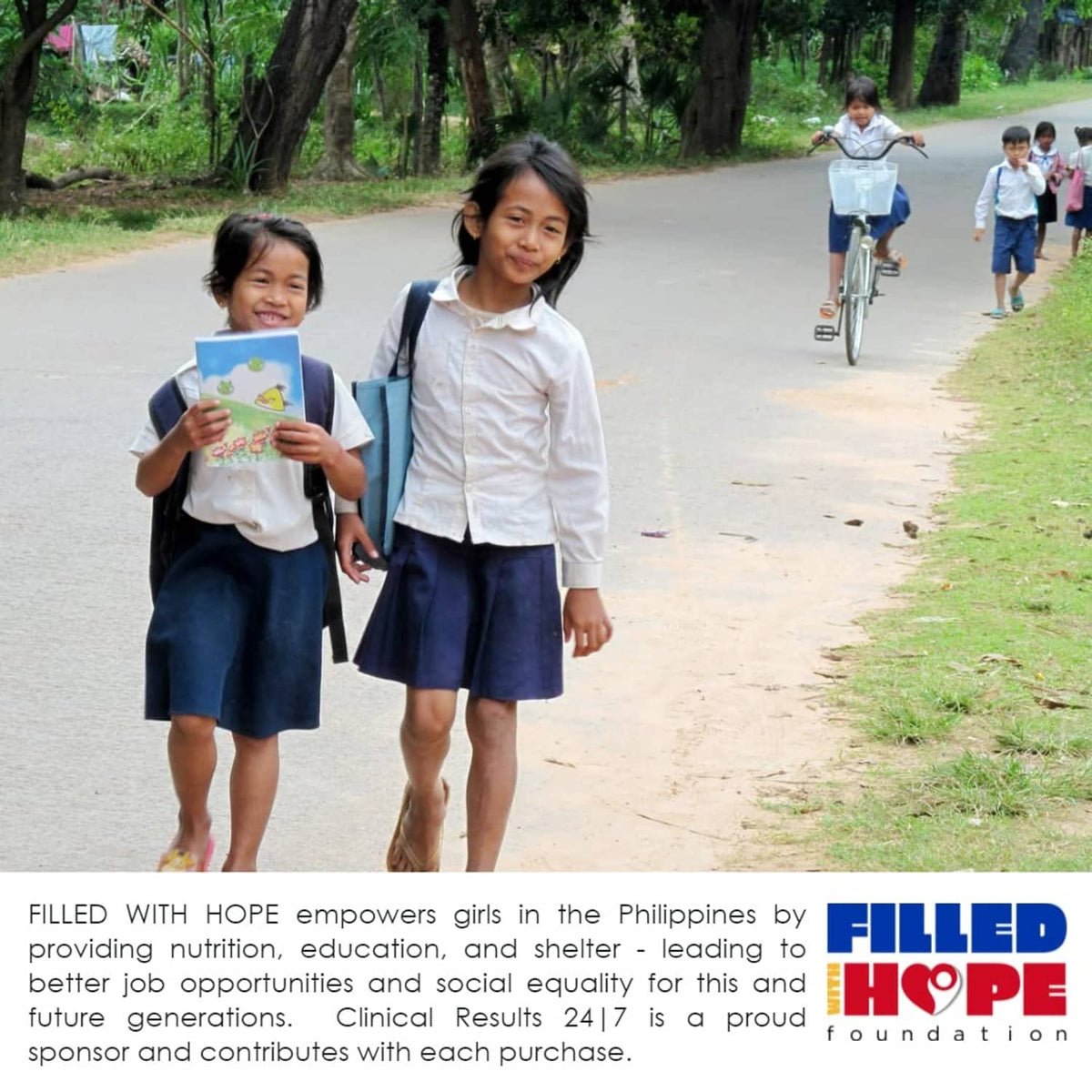 Children walking outdoors with “Filled with Hope” foundation text at the bottom