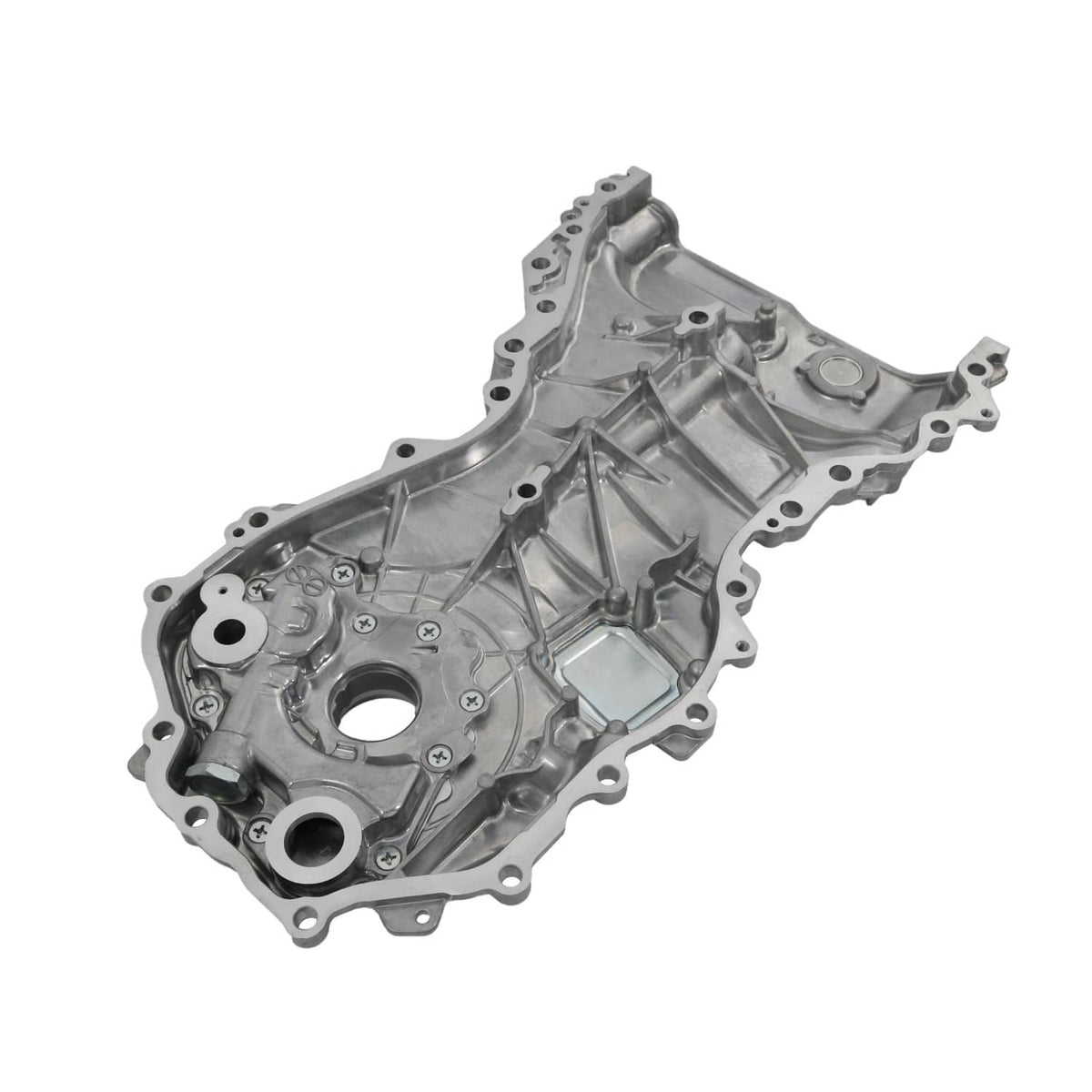 Oil pump housing with circular ports, bolt holes, and raised regulator area