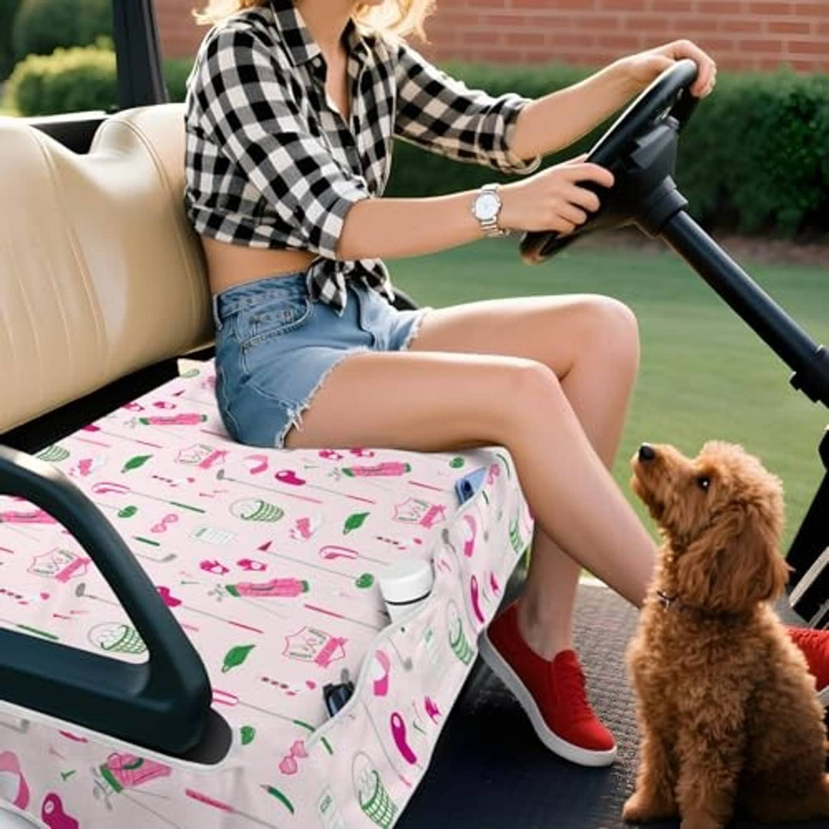 Golf cart seat cover with colorful golf icon print, fitted on bench for passengers