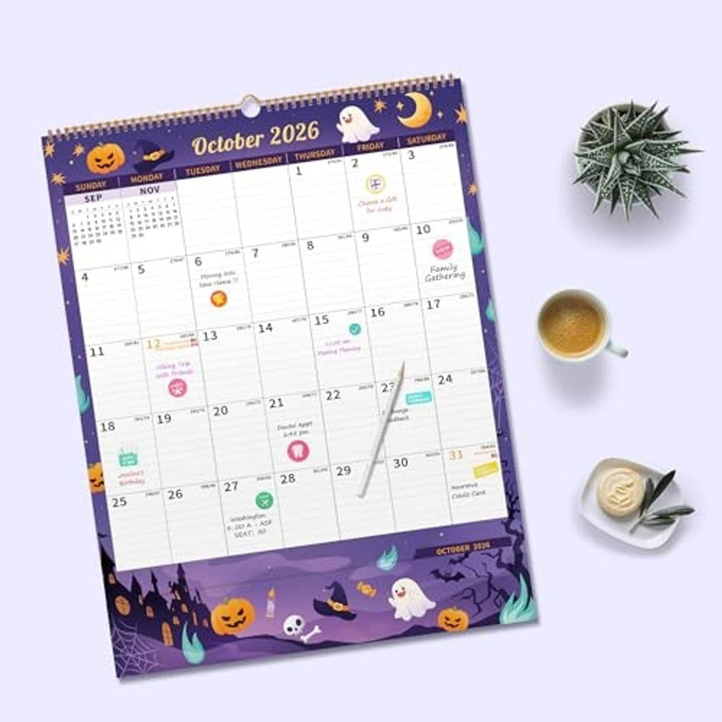 Purple Halloween-themed wall calendar with October 2026 layout and spiral binding
