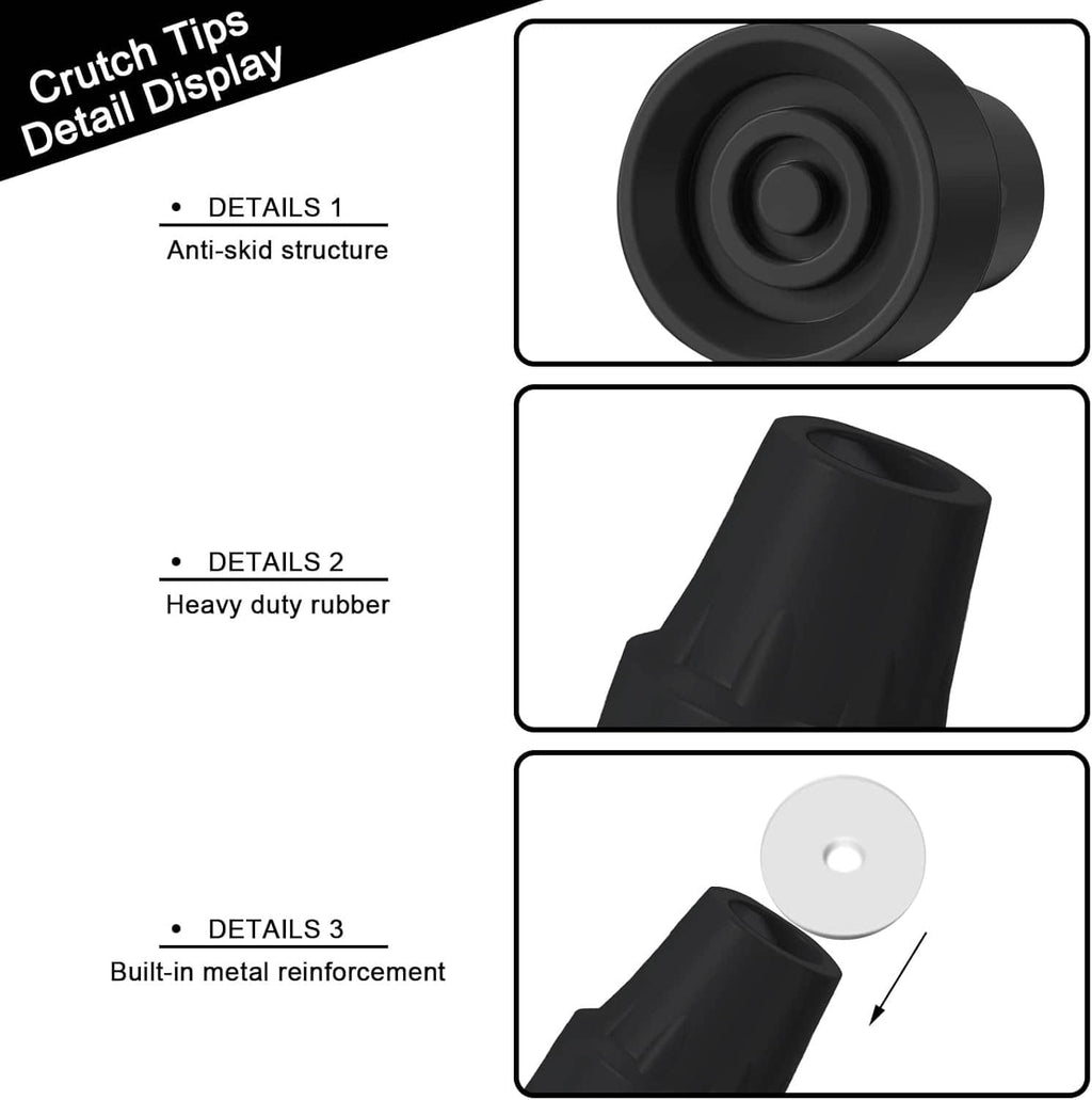 Black rubber crutch tip details: anti-skid texture, reinforced core, side opening