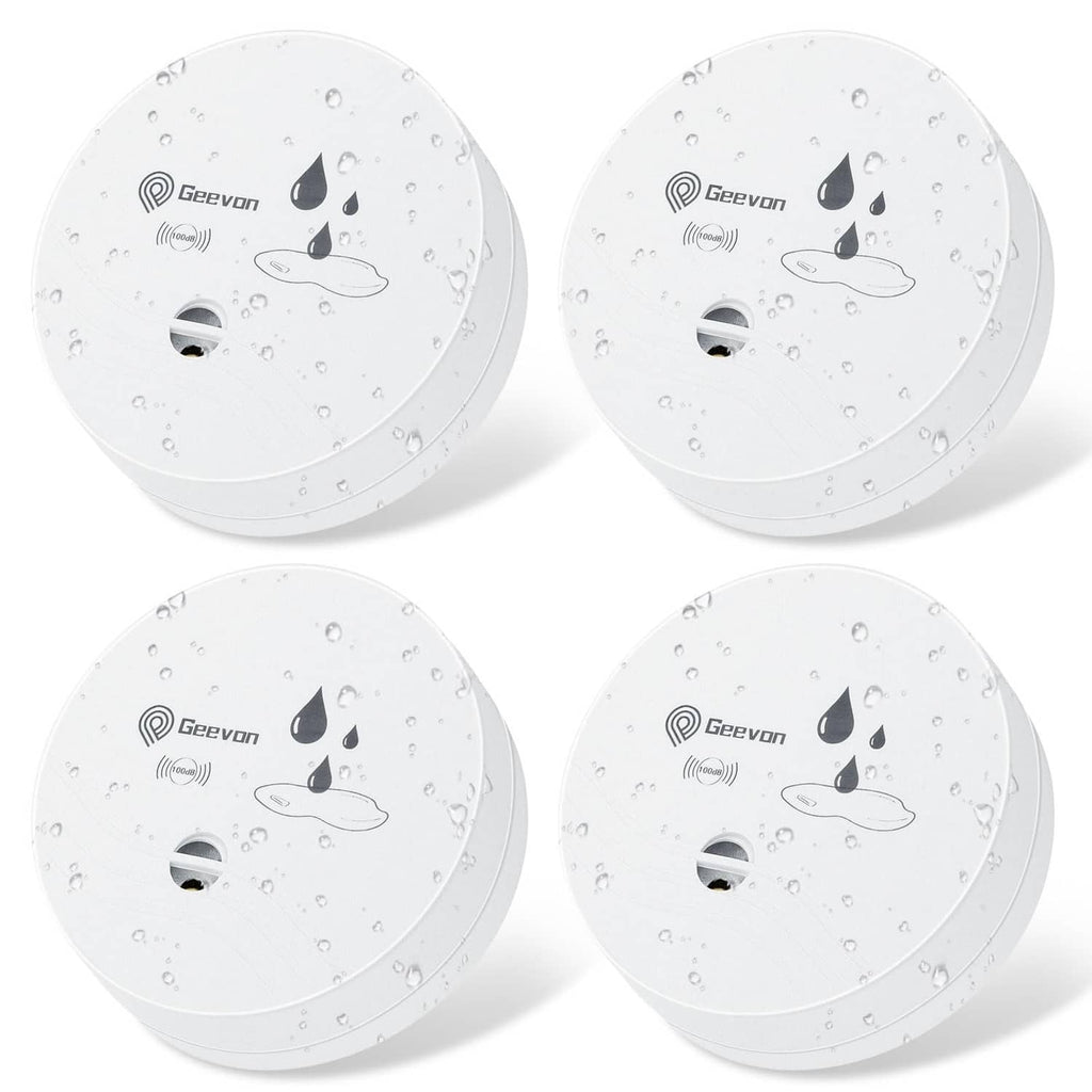 White water leak detector alarms, 4-pack with wet sensor icons on round bases