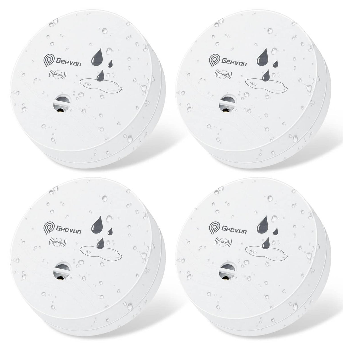White water leak detector alarms, 4-pack with wet sensor icons on round bases