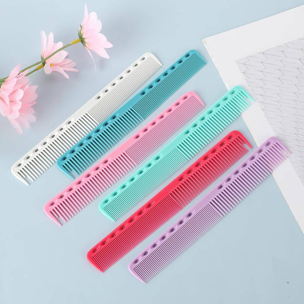 Set of colorful fine-tooth cutting combs in teal, mint, pink, purple, and white