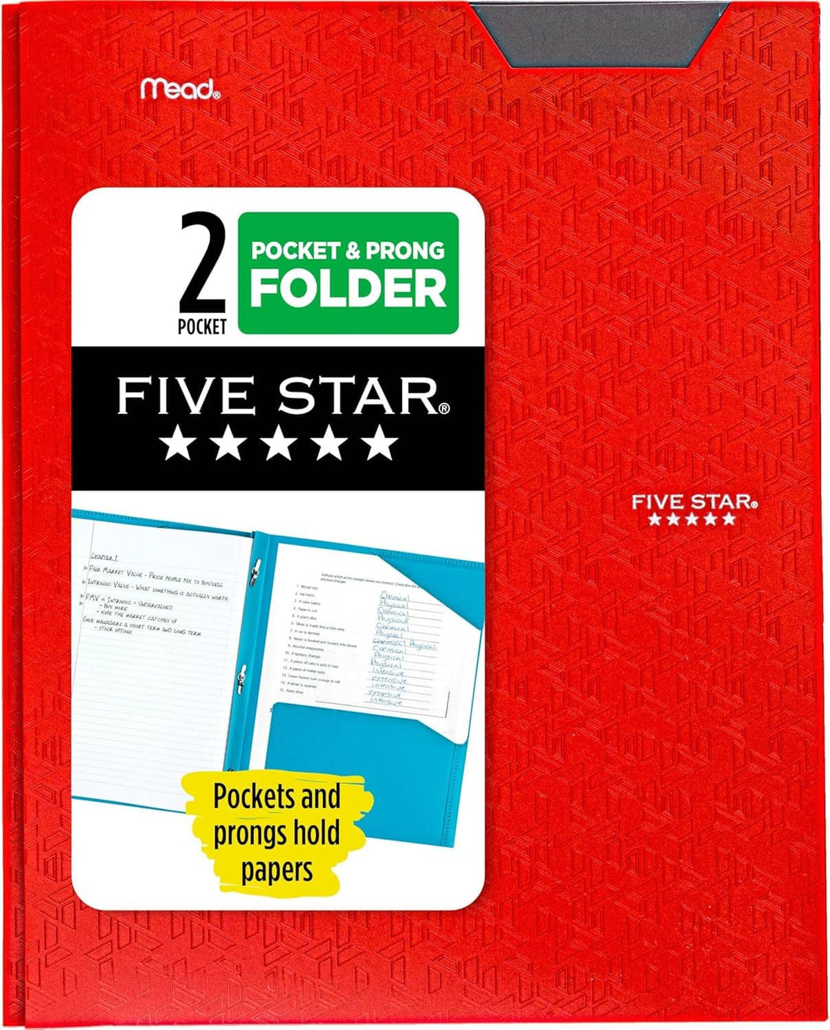 Red 2-pocket prong folder packaging showing pockets and prongs hold papers feature
