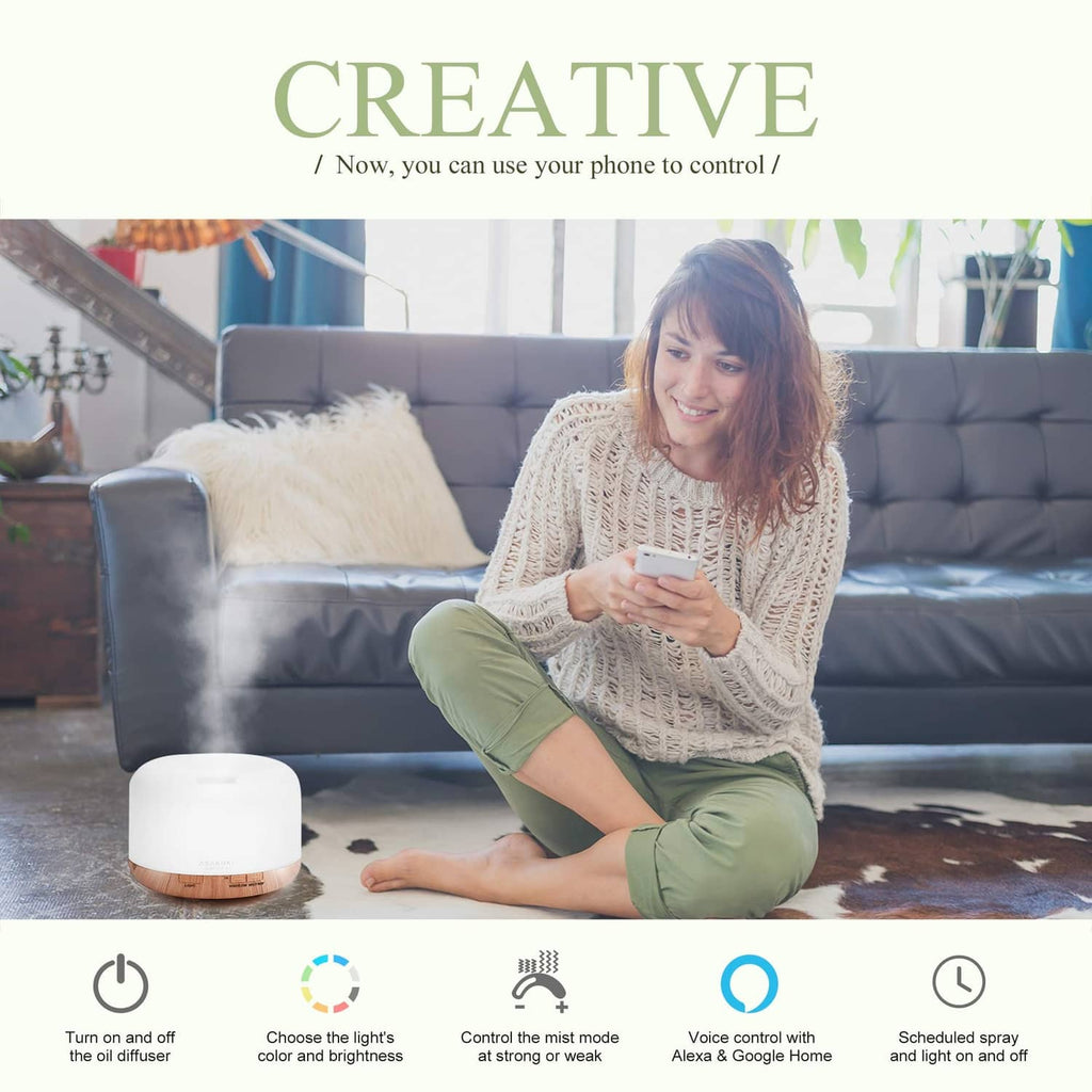 ASAKUKI essential oil diffuser with white top and light brown wood base
