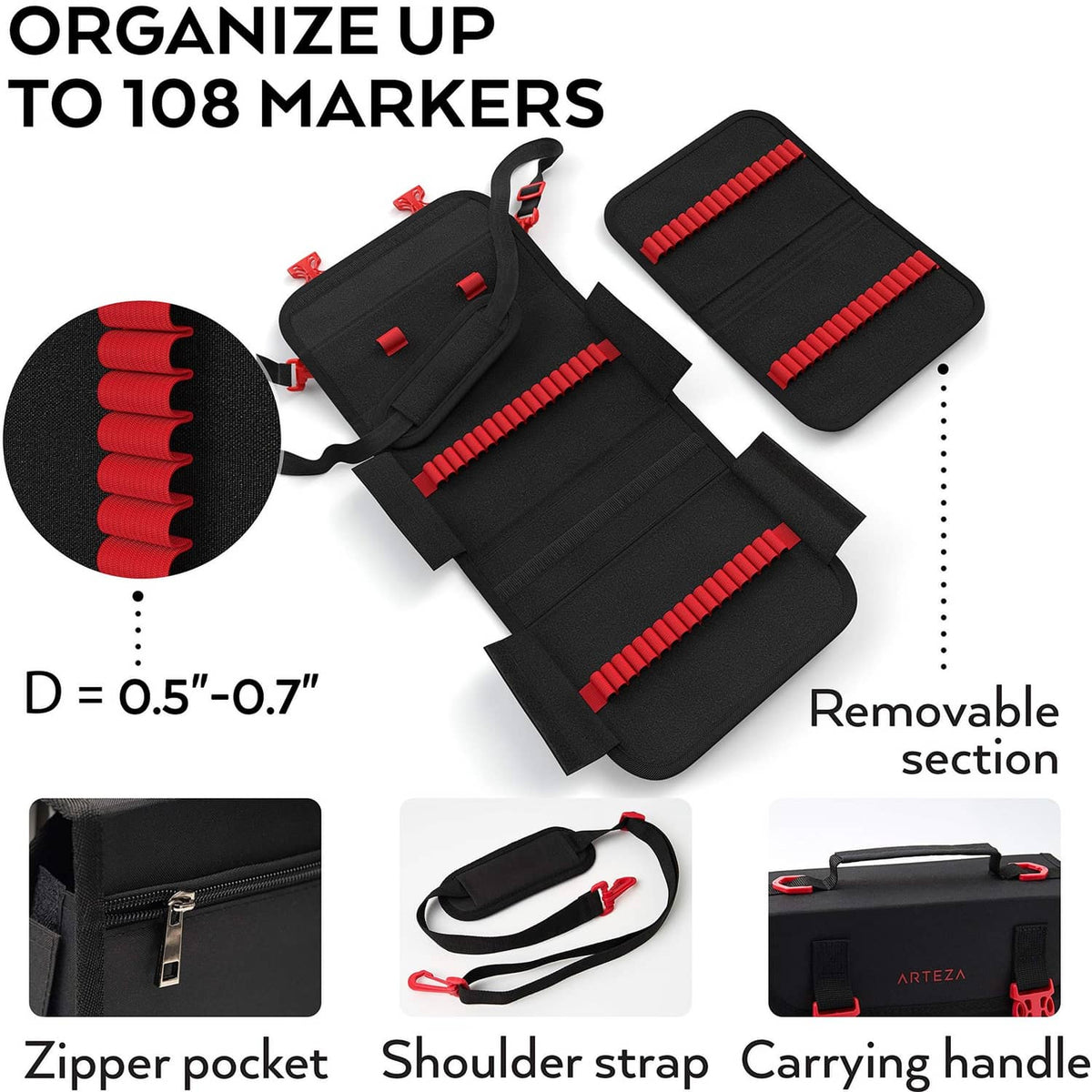 Marker pen organizer case with red elastic slots and removable section, holds up to 108 markers