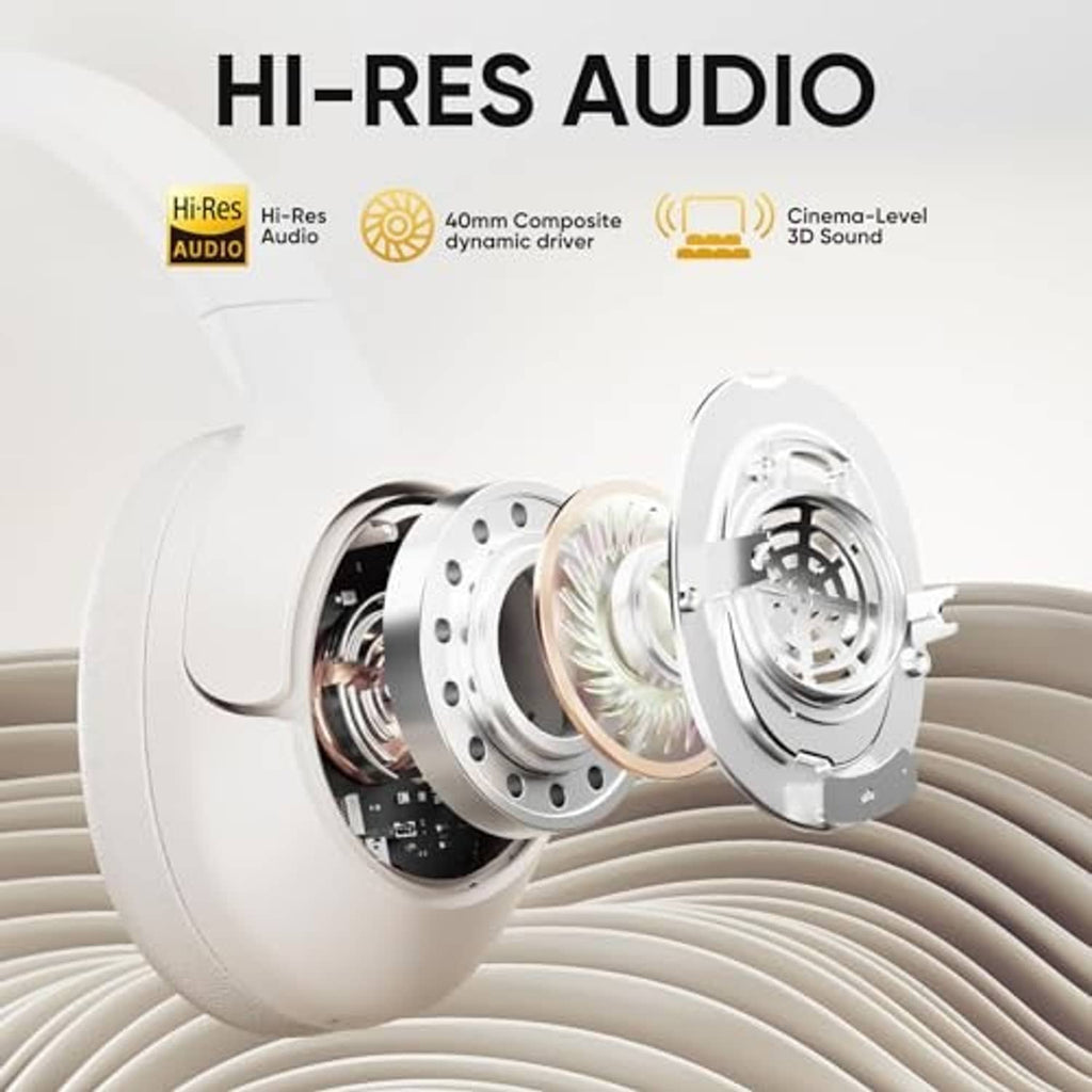White over-ear Bluetooth headphones with visible speaker drivers inside ear cup.