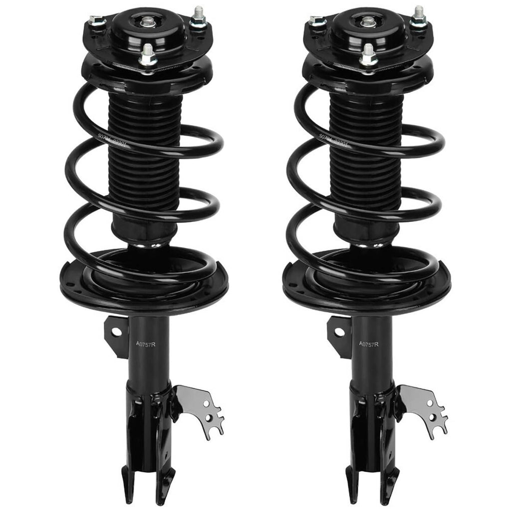 Pair of black front strut assemblies with coil springs and mounting brackets