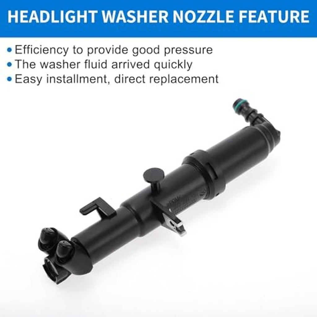 Black headlight washer nozzle feature view with side clips and green inlet fitting